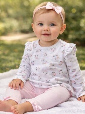 Shabby Chic Pink Floral Ruffle-Shoulder Long Sleeve Top